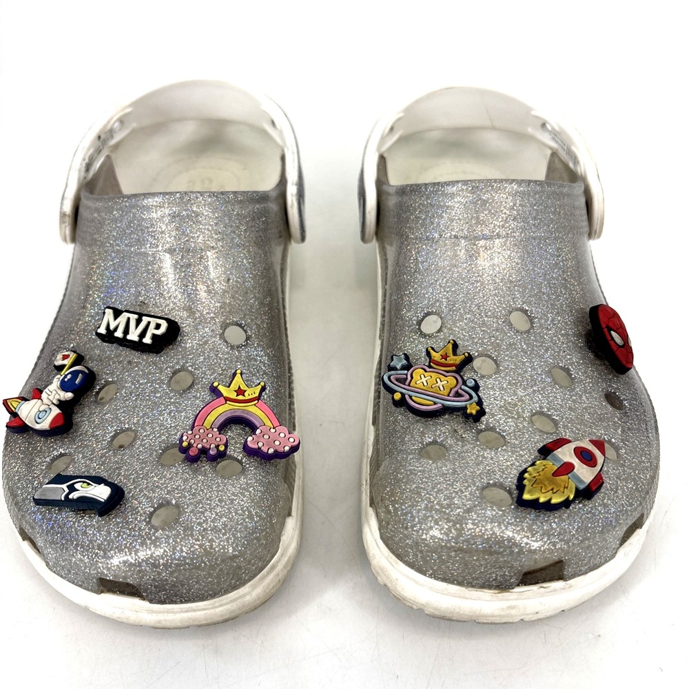 Crocs Classic Clogs Silver Glitter Gray Women's Size 8 Men's 6 With Charms!